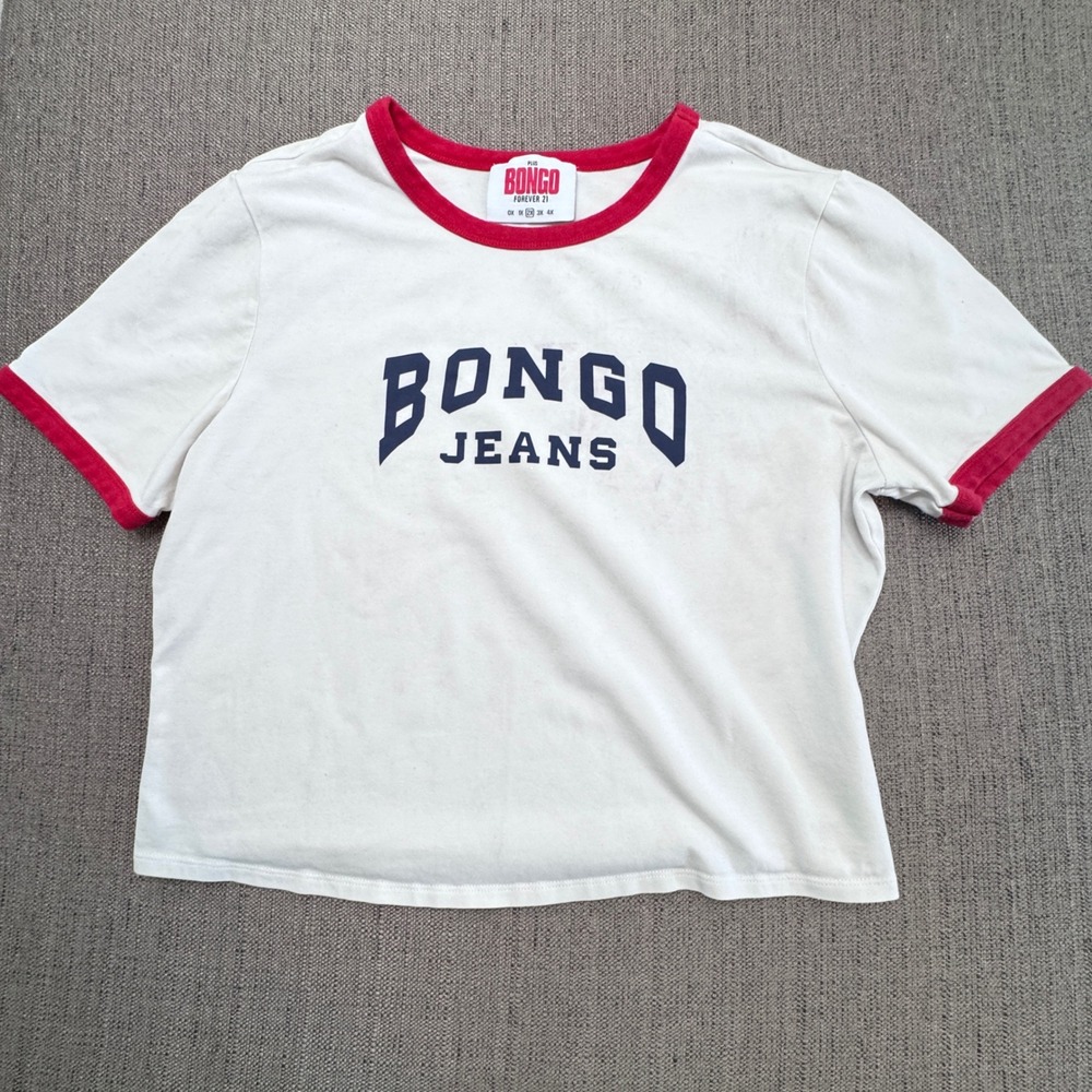 Bongo Forever 21 Ringer T-Shirt Womens 2X White Red Graphic Logo Tee Cropped